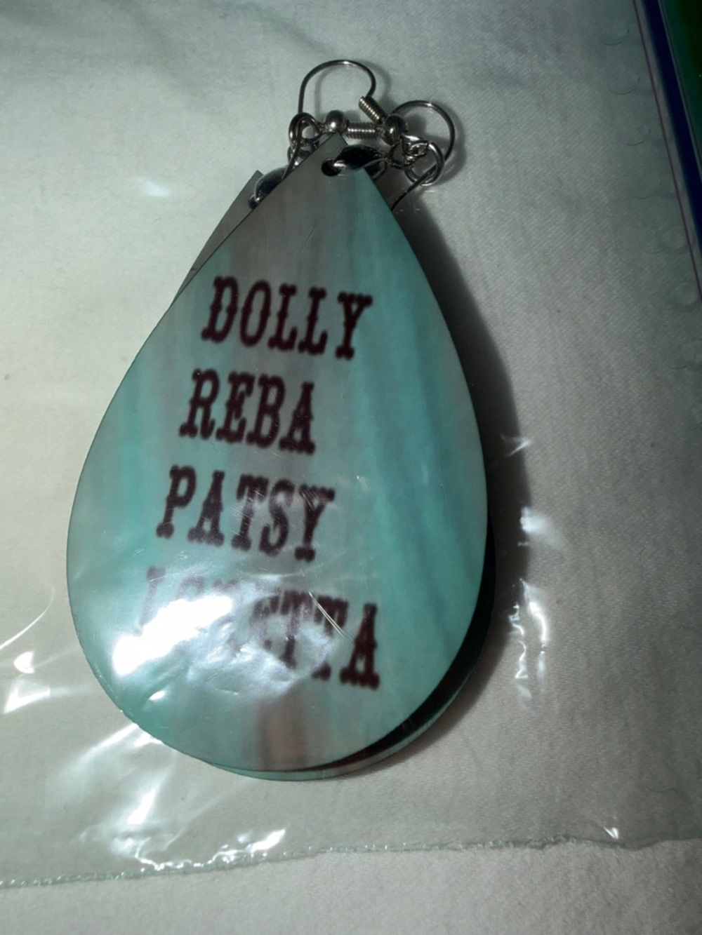 Teardrop earrings with Country Music Names - Aqua Teal